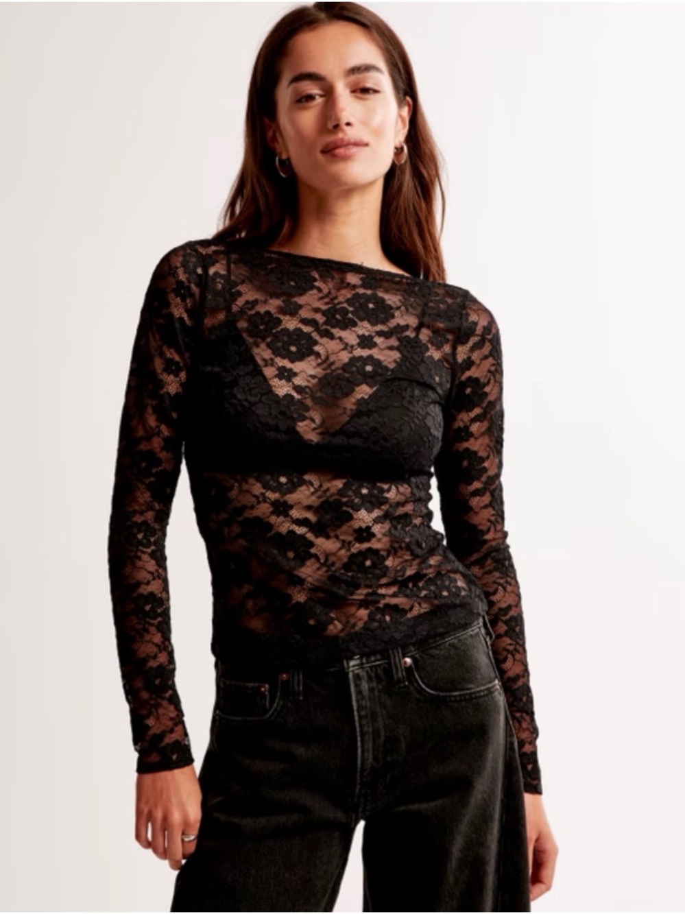 Abercrombie & Fitch Black Sheer Floral Lace Long-Sleeve Top